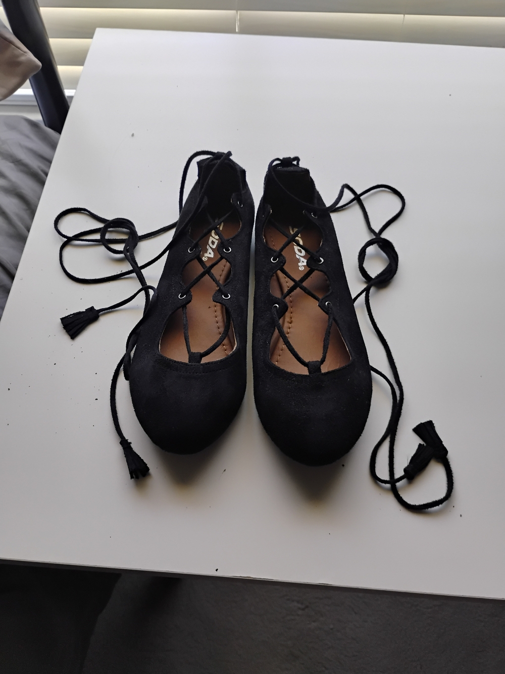 Soda Black Lace-Up Ballet Flats with Tassel Ties